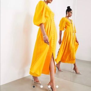 ASOS button front midi dress with puff sleeve in marigold
